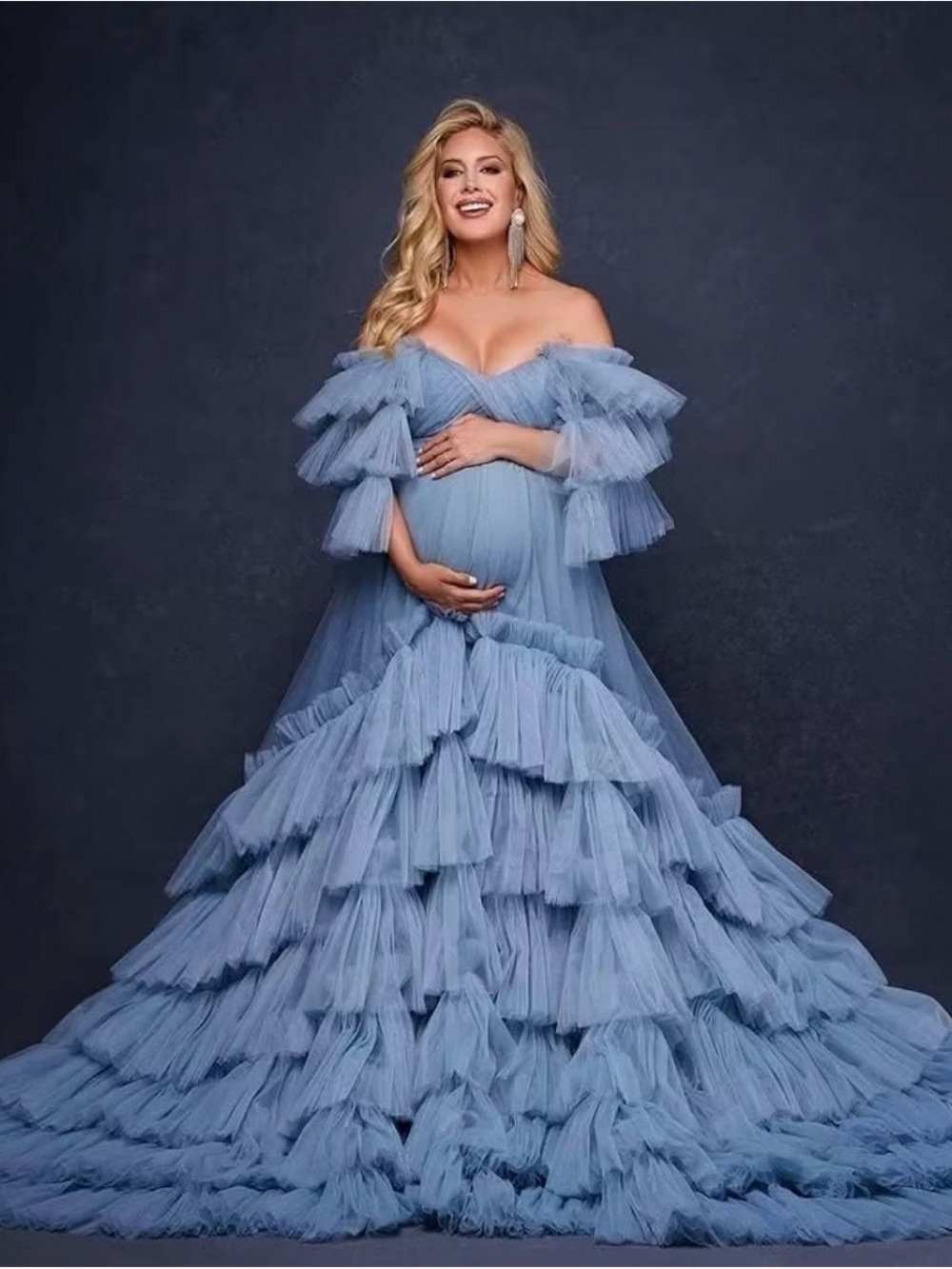 Off-Shoulder Dusty Blue Tiered Tulle Maternity Maxi Dress